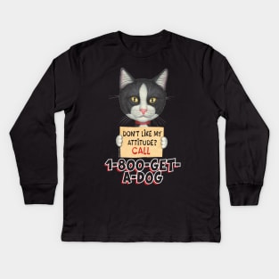 kitty cat black and white cute attitude with a dog Tuxedo Cat Holding Sign Kids Long Sleeve T-Shirt